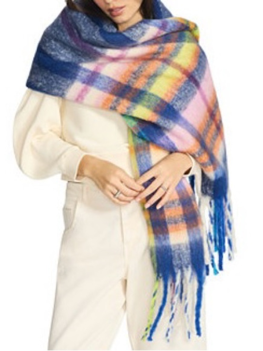 NWT Steve Madden Lofty Blanket Scarf with Fringe Plaid Blue Cobalt Pink
